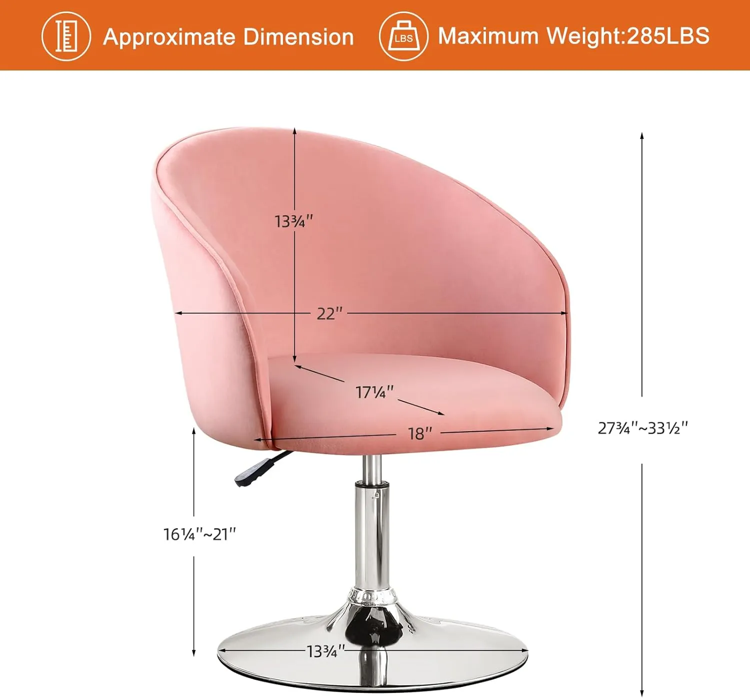 Furniliving Swivel Vanity Stool Contemporary Round Velvet Back Tilt Accent Chairs 360° Makeup Chair with Chrome Frame Height Adjustable Charming Chair Lounge Pub Bar (Pink)
