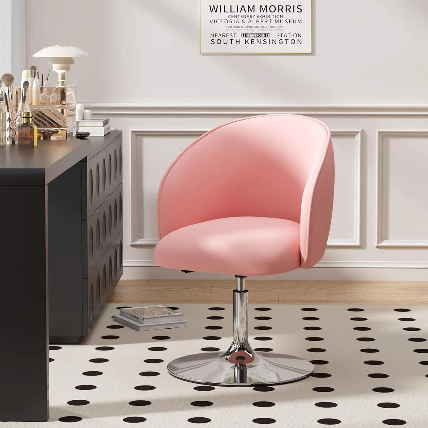 Furniliving Swivel Vanity Stool Contemporary Round Velvet Back Tilt Accent Chairs 360° Makeup Chair with Chrome Frame Height Adjustable Charming Chair Lounge Pub Bar (Pink)