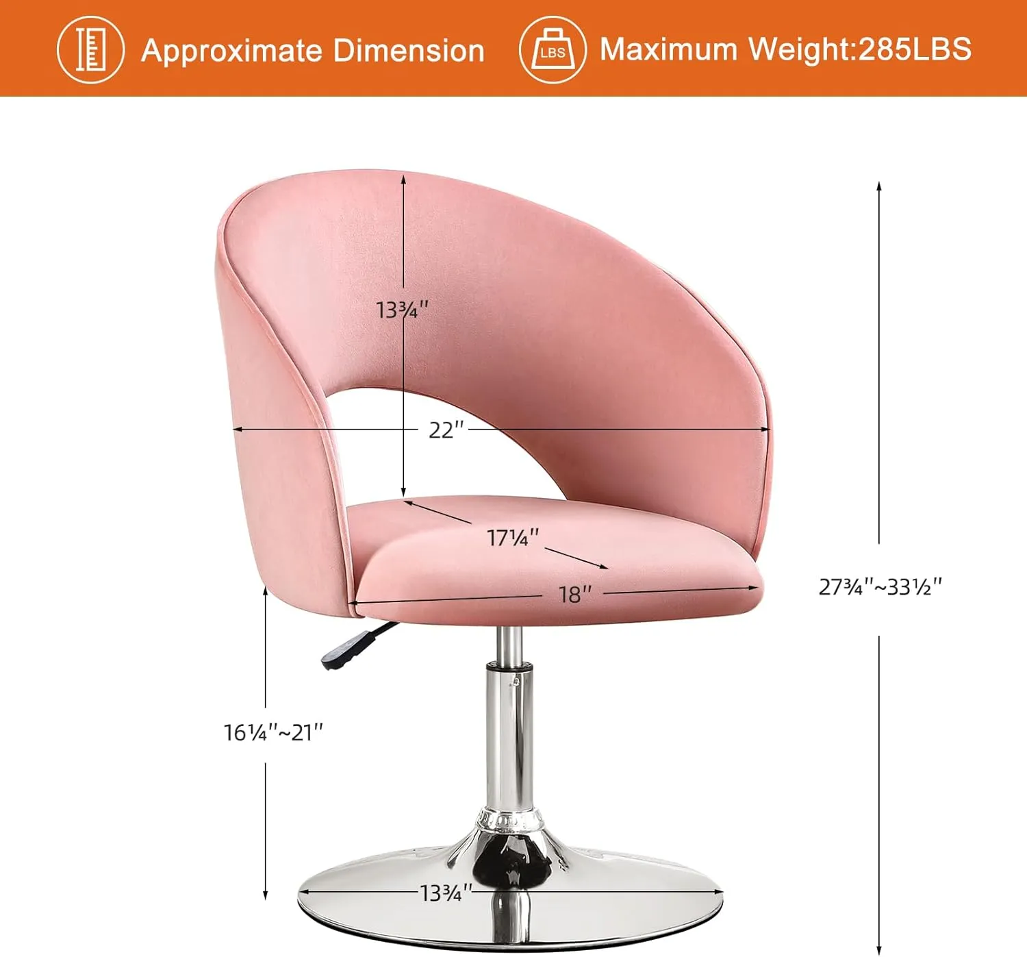 Furniliving Vanity Chair Contemporary Height Adjustable Round Velvet Back Tilt Swivel Accent Chairs 360° Swivel Makeup Chair with Chrome Frame Charming Stool Lounge Pub Bar (Pink)