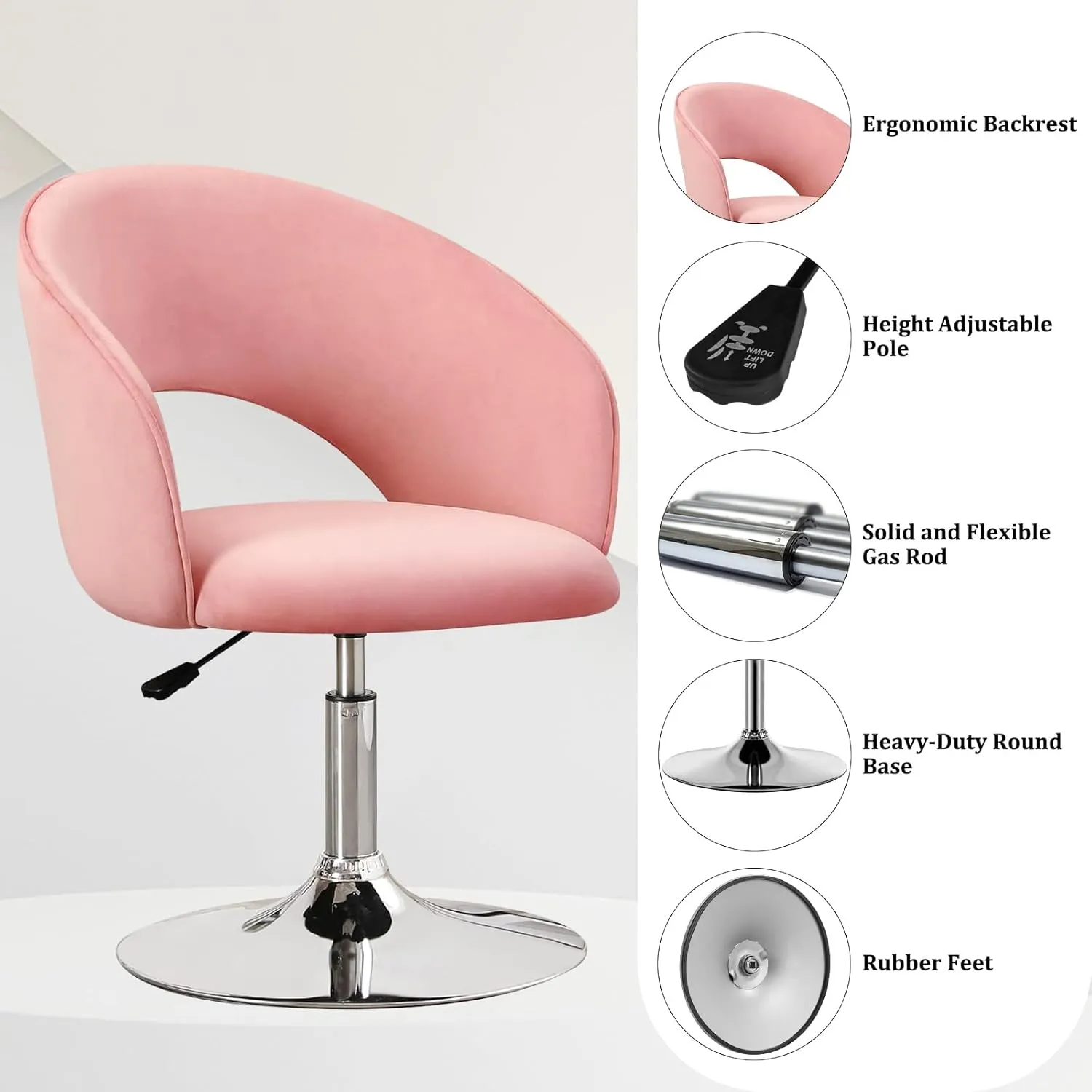 Furniliving Vanity Chair Contemporary Height Adjustable Round Velvet Back Tilt Swivel Accent Chairs 360° Swivel Makeup Chair with Chrome Frame Charming Stool Lounge Pub Bar (Pink)