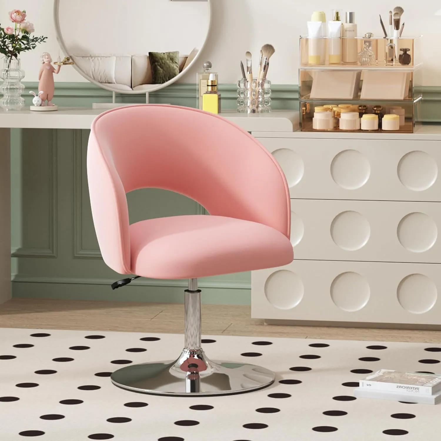 Furniliving Vanity Chair Contemporary Height Adjustable Round Velvet Back Tilt Swivel Accent Chairs 360° Swivel Makeup Chair with Chrome Frame Charming Stool Lounge Pub Bar (Pink)