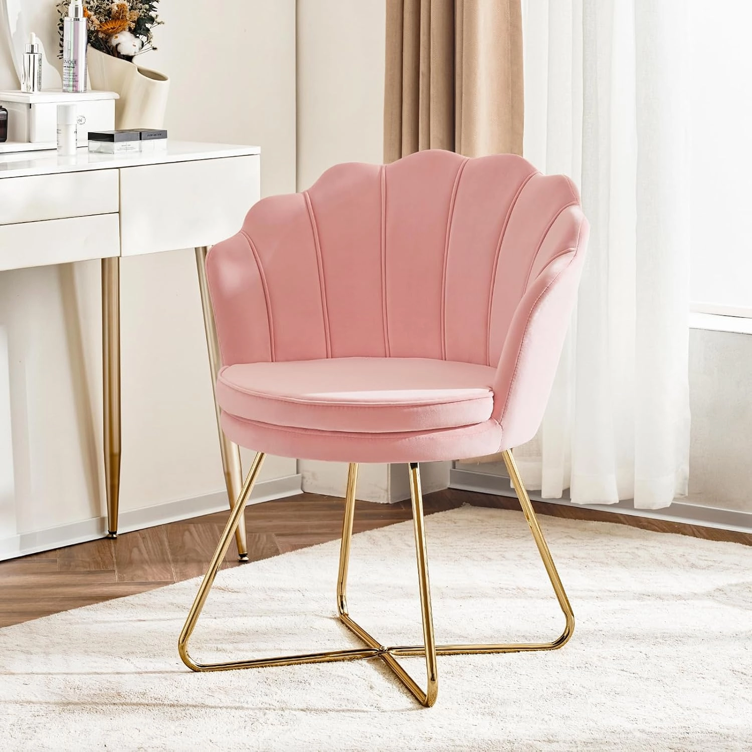 Furnimart Velvet Accent Chair - Back with Gold Legs, Living Room & Bedroom Use, Pink