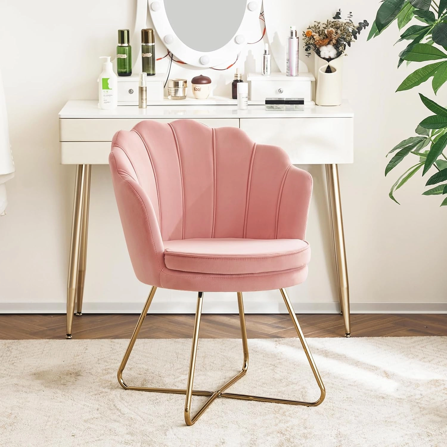 Furnimart Velvet Accent Chair - Back with Gold Legs, Living Room & Bedroom Use, Pink