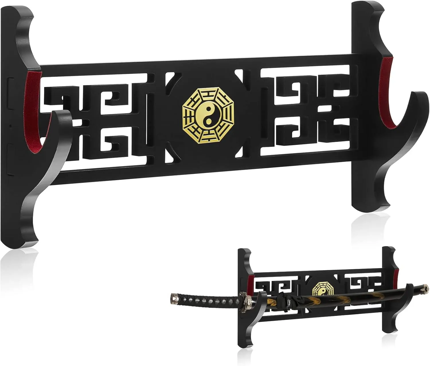 Gerrii Katana 1 Tier Sword Wall Mount Sword Holder Display Hanger Gifts for Christmas Red Velvet Padded Japanese Wakizashi Samurai Display Rack Loong Tanto Hobby Collection for Men
