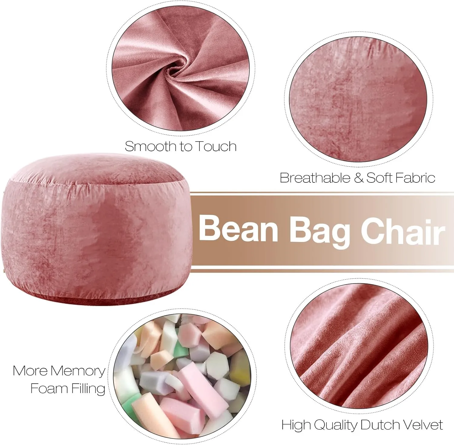 Giant Bean Bag Chair: 6 ft Memory Foam Bean Bag Chairs for Adults/Kids,Bean Bag Chair with Fillings,Soft Faux Fur Fabric - Dutch Velvet, Pink, 6 Foot