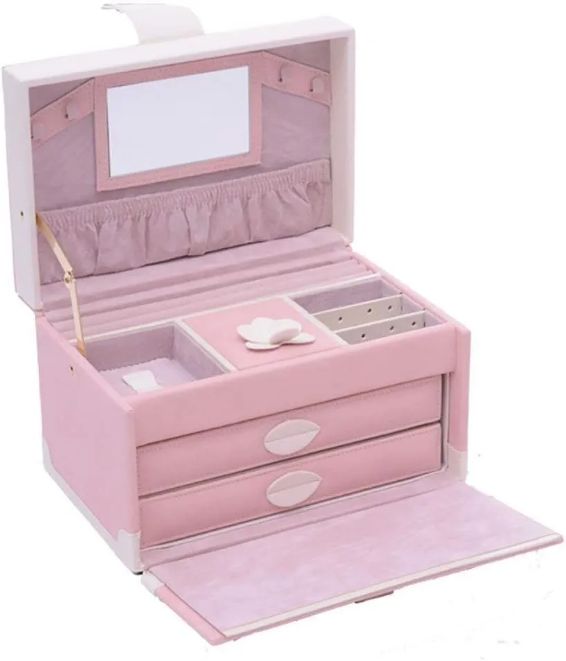 Gift for Women Jewelry Boxes Jewellery Boxes Portable with Drawers Jewellery Chest Leather Jewelry Organizer for Rings Earrings Necklaces Velvet Lining Pink New Year Pres