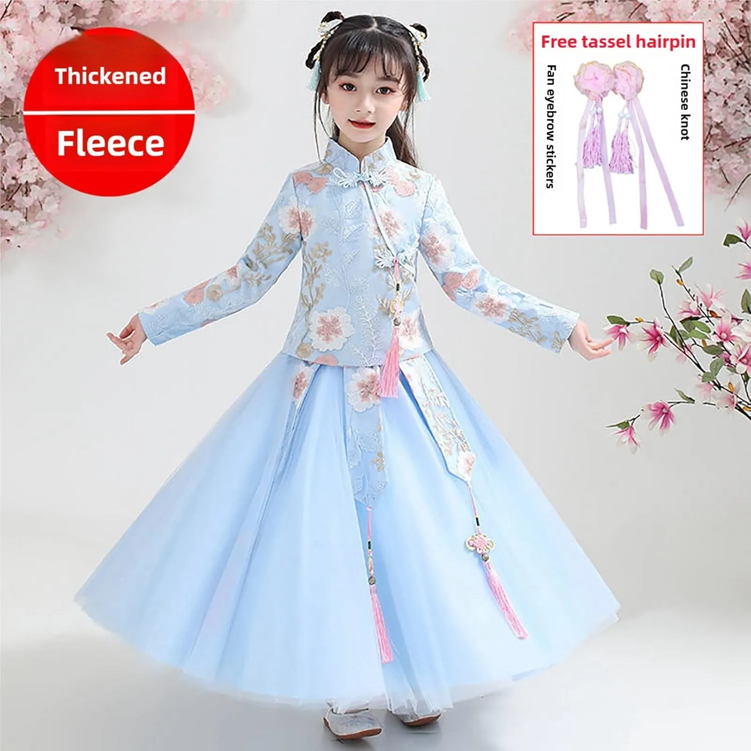 Girls New Year's Tang Suit Sets Chinese Ancient Clothing Sets Vintage Long Sleeve Floral Top Dress 2Pcs Outfits