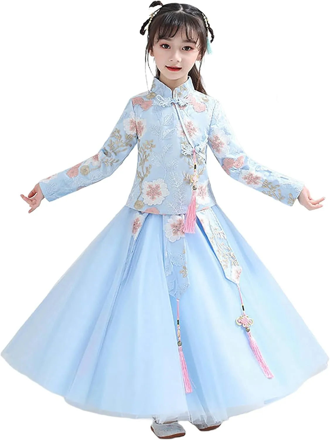Girls New Year's Tang Suit Sets Chinese Ancient Clothing Sets Vintage Long Sleeve Floral Top Dress 2Pcs Outfits