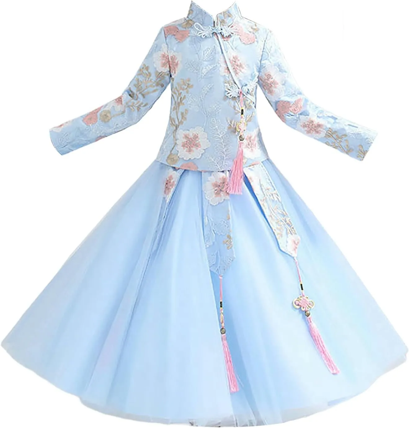 Girls New Year's Tang Suit Sets Chinese Ancient Clothing Sets Vintage Long Sleeve Floral Top Dress 2Pcs Outfits