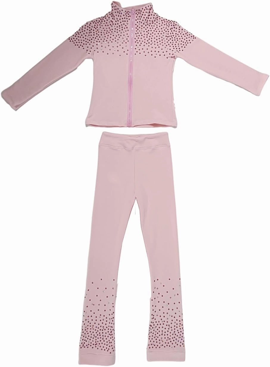 Girls' Starry Sky Pink Figure Skating Training Set with Velvet Warm Shining Training Coat Top and Pants