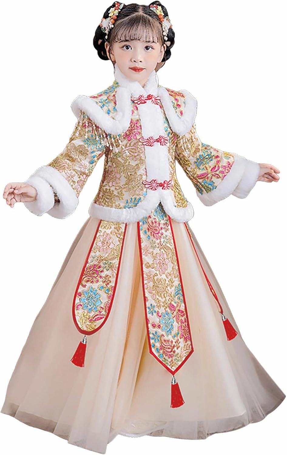 Girls New Year's Ancient Clothing Sets Children Thicken Tang Suit 2Pcs Outfits Warm Long Sleeve Jacket & Dress