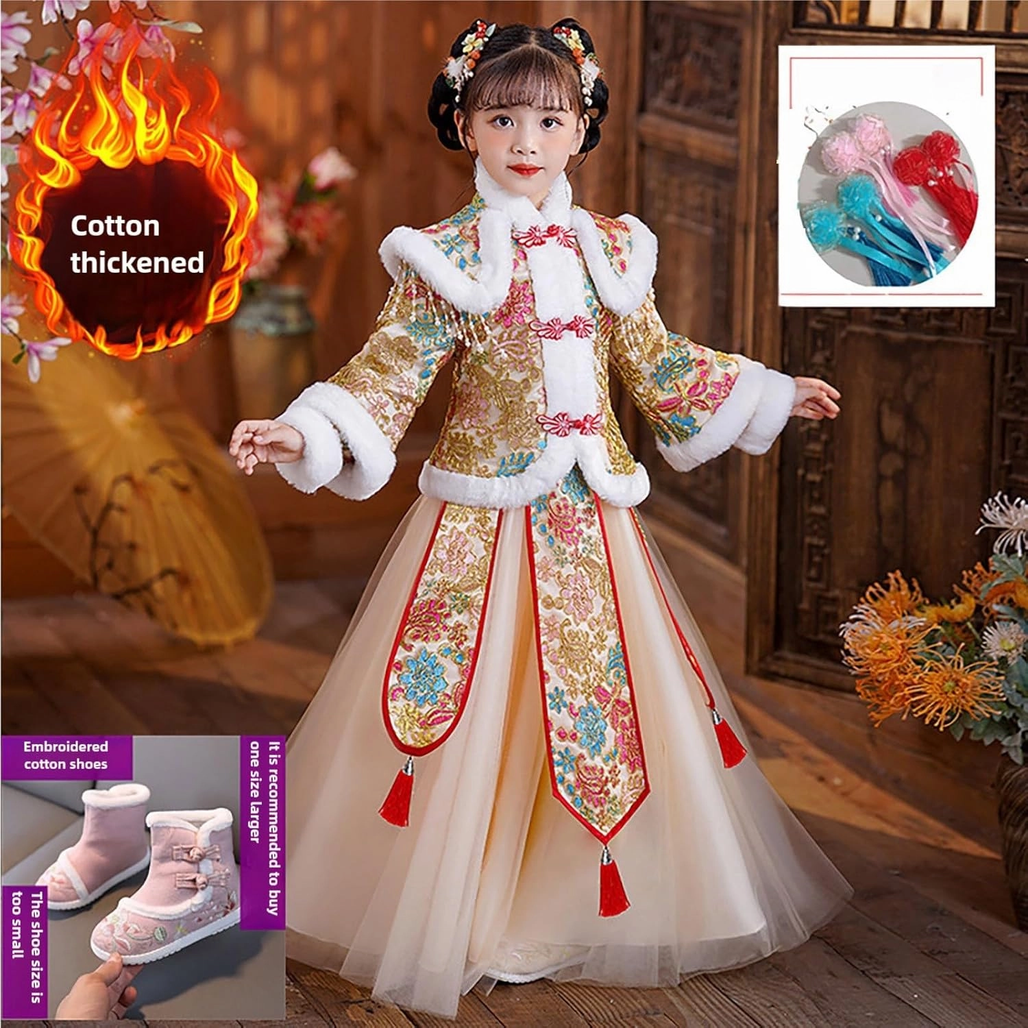 Girls New Year's Ancient Clothing Sets Children Thicken Tang Suit 2Pcs Outfits Warm Long Sleeve Jacket & Dress
