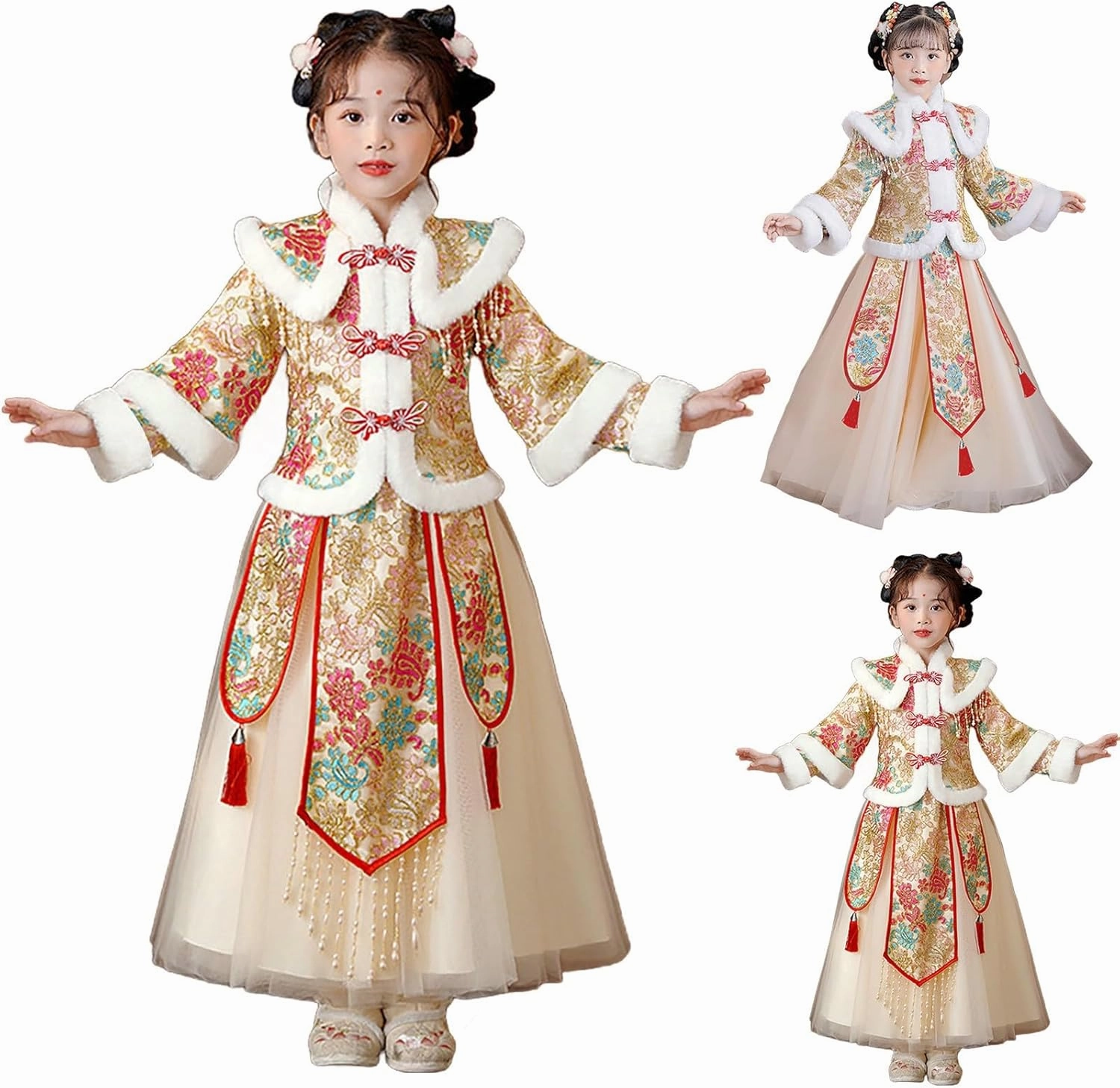 Girls New Year's Ancient Clothing Sets Children Thicken Tang Suit 2Pcs Outfits Warm Long Sleeve Jacket & Dress