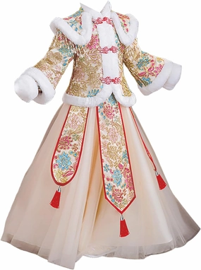 Girls New Year's Ancient Clothing Sets Children Thicken Tang Suit 2Pcs Outfits Warm Long Sleeve Jacket & Dress