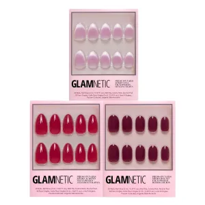 Glamnetic Press-On Nails Bundle - Classic Red, Berry Maroon & Fairy Dust | Opaque Timeless Red Almond False Nails | Dark Red Short Round Fake Nails |Oval Beige-Pink Nails with a Met