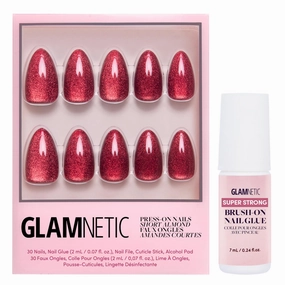 Glamnetic Press On Nails & Brush On Nail Glue Bundle - Ruby Slipper | Deep Red Sparkly Short Almond Fake Nails with a Velvet Finish, Reusable | 15 Sizes - 30 Nail Kit with Glue