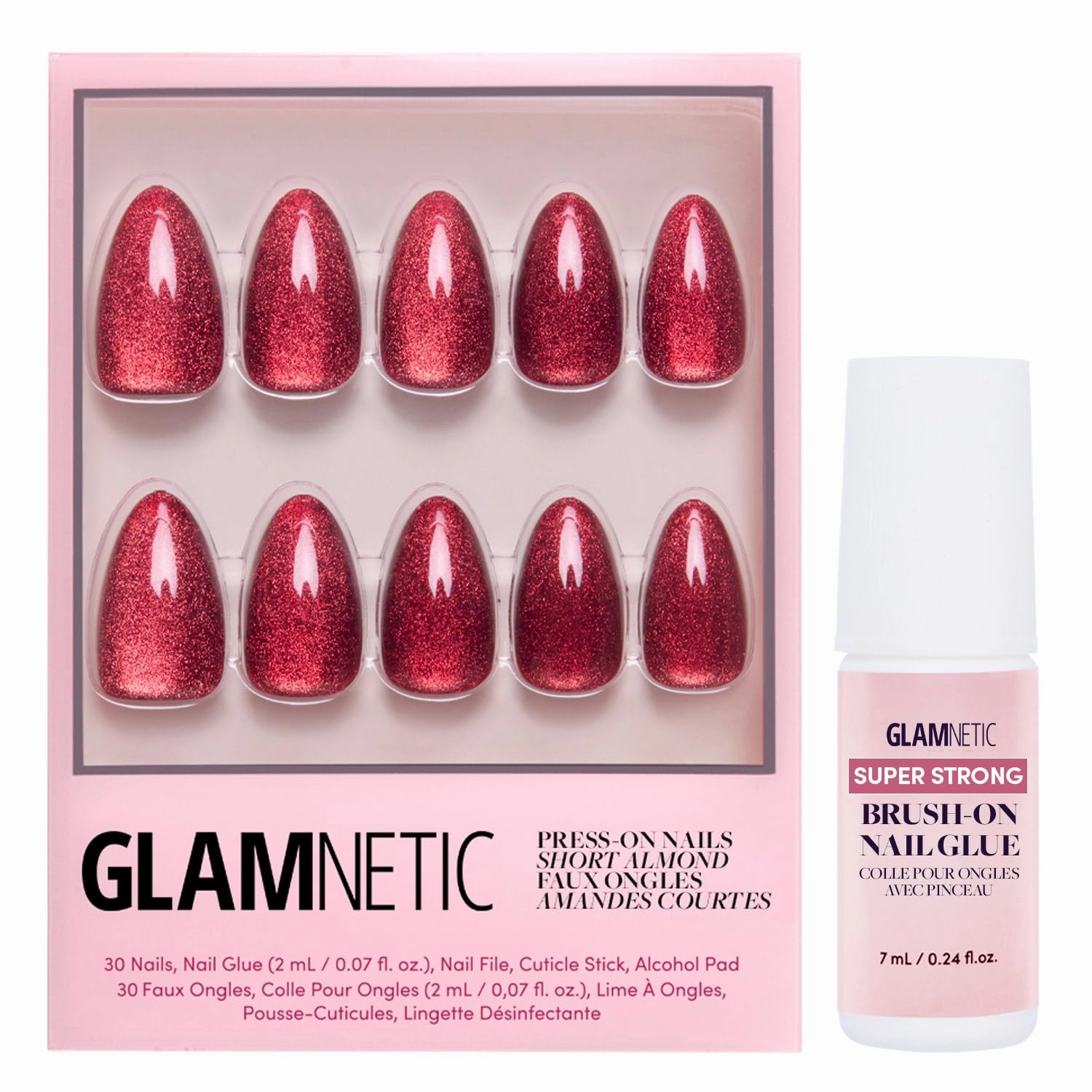 Glamnetic Press On Nails & Brush On Nail Glue Bundle - Ruby Slipper | Deep Red Sparkly Short Almond Fake Nails with a Velvet Finish, Reusable | 15 Sizes - 30 Nail Kit with Glue