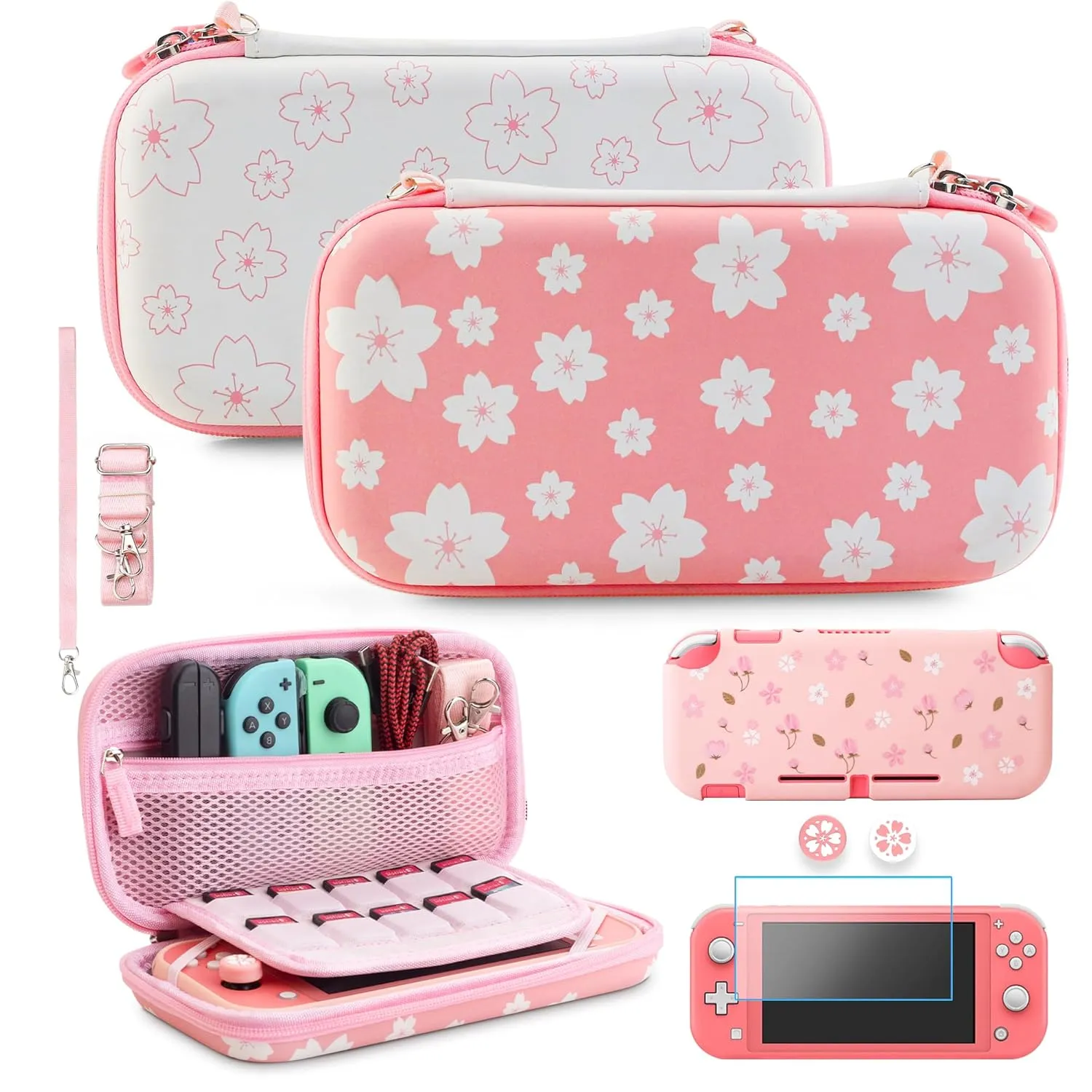 GLDRAM Accessories for Nintendo Lite, Portable Carrying Case with 10 Card Slots, Switch Lite Travel Bag with TPU Protective Skin, Screen Protector, Shoulder Strap, Wrist Strap and 2 Sakura Thumb Caps