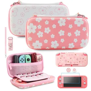 GLDRAM Accessories for Nintendo Lite, Portable Carrying Case with 10 Card Slots, Switch Lite Travel Bag with TPU Protective Skin, Screen Protector, Shoulder Strap, Wrist Strap and 2 Sakura Thumb Caps