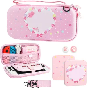 GLDRAM Pink Carrying Case Bundle for Nintendo Switch & OLED Modle, Cute Anime Switch Travel Bag with Bunny, Portable Carrying Accessories Kit with Shoulder Strap, Game Card Case, Thumb Grip Caps