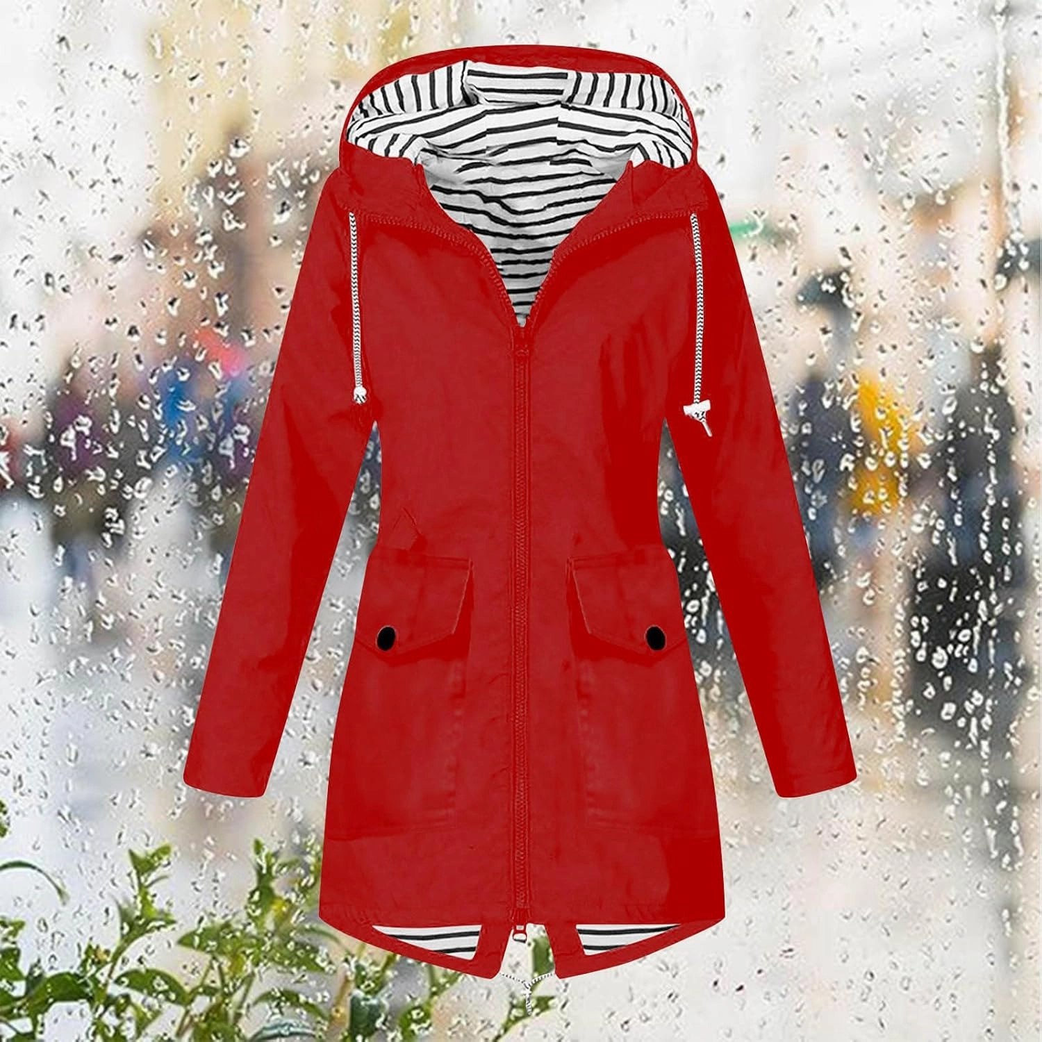 Going Out Jackets for Women Long Sleeve Solid Windproof Rain Jacket Outdoor Hooded Windproof Pocket Raincoat