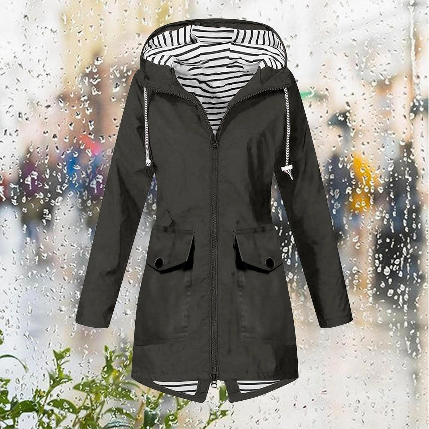 Going Out Jackets for Women Long Sleeve Solid Windproof Rain Jacket Outdoor Hooded Windproof Pocket Raincoat