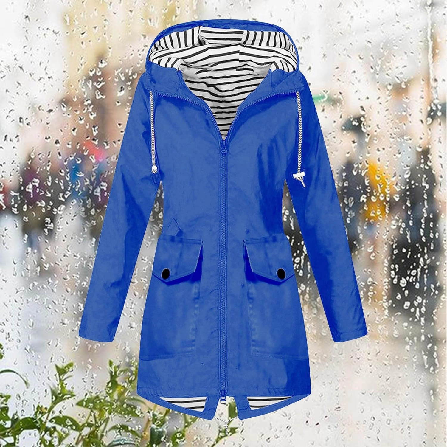 Going Out Jackets for Women Long Sleeve Solid Windproof Rain Jacket Outdoor Hooded Windproof Pocket Raincoat