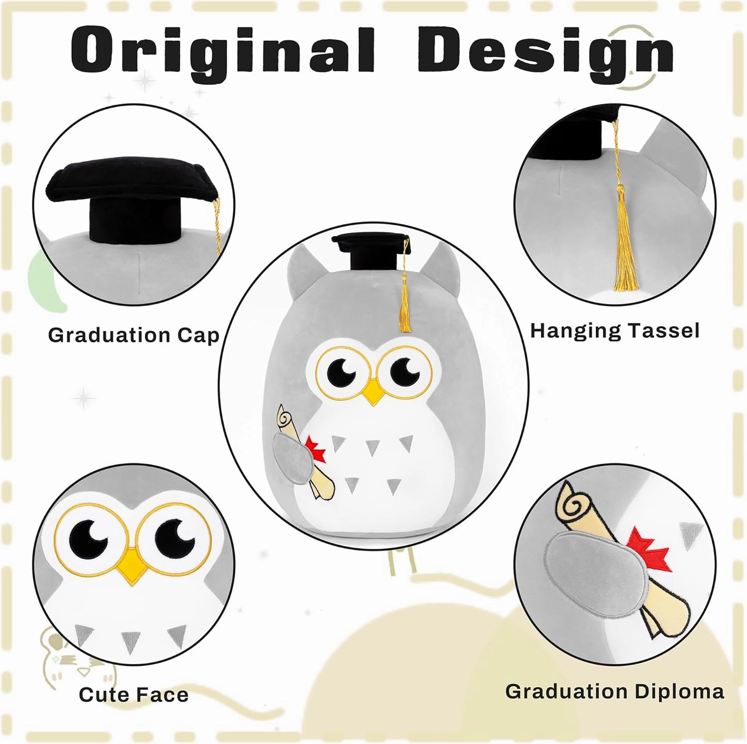 Graduation Plush, Soft Owl Stuffed Animals with Pink Body and Ears, Black Graduation Cap, Fringe and Diploma, Cute Pillow Toys Graduation Gifts for Her Girlfriend Lover Kids (Gray), Qwlgray