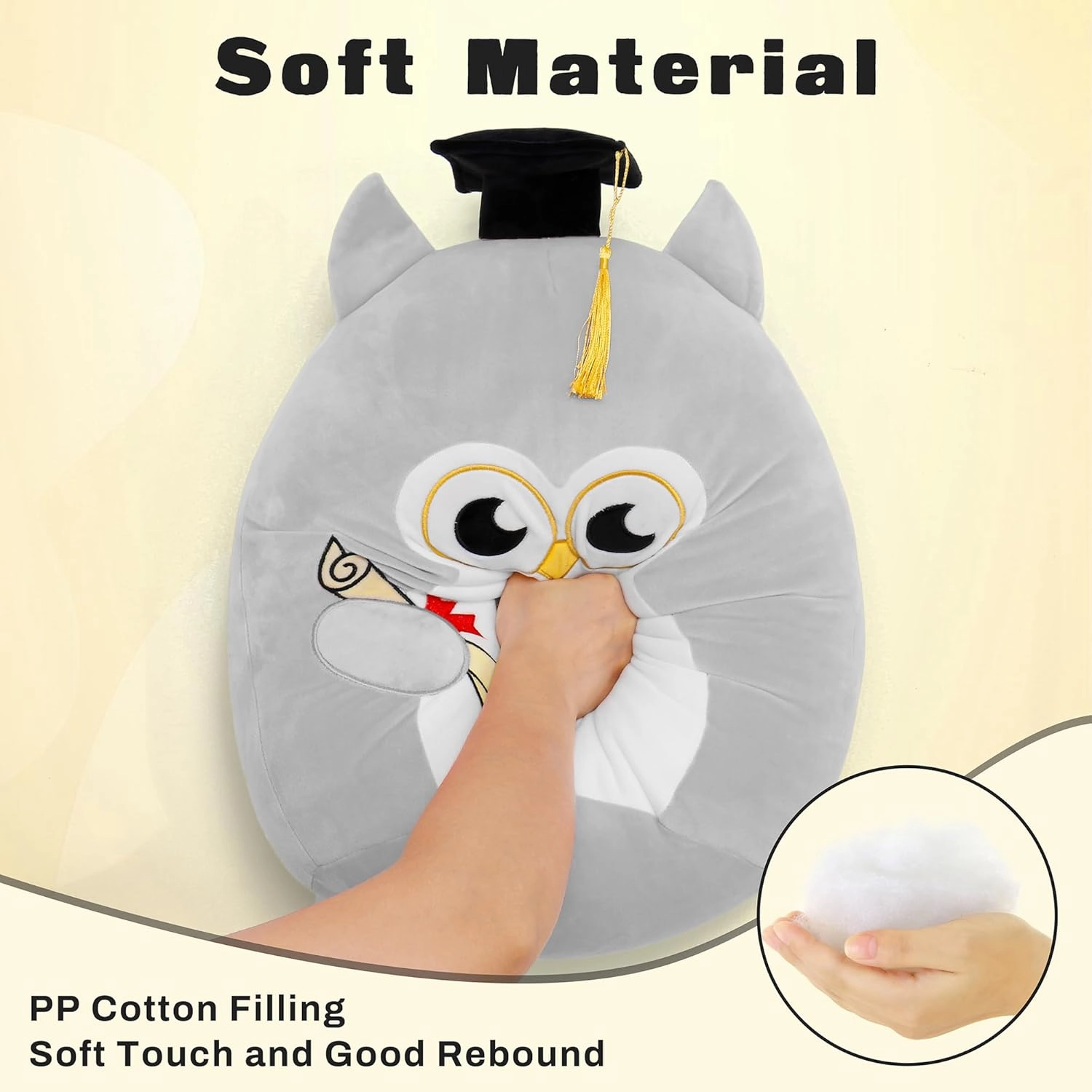 Graduation Plush, Soft Owl Stuffed Animals with Pink Body and Ears, Black Graduation Cap, Fringe and Diploma, Cute Pillow Toys Graduation Gifts for Her Girlfriend Lover Kids (Gray), Qwlgray