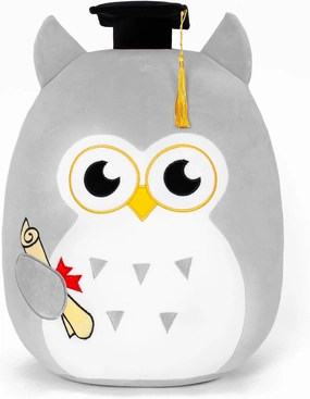 Graduation Plush, Soft Owl Stuffed Animals with Pink Body and Ears, Black Graduation Cap, Fringe and Diploma, Cute Pillow Toys Graduation Gifts for Her Girlfriend Lover Kids (Gray), Qwlgray