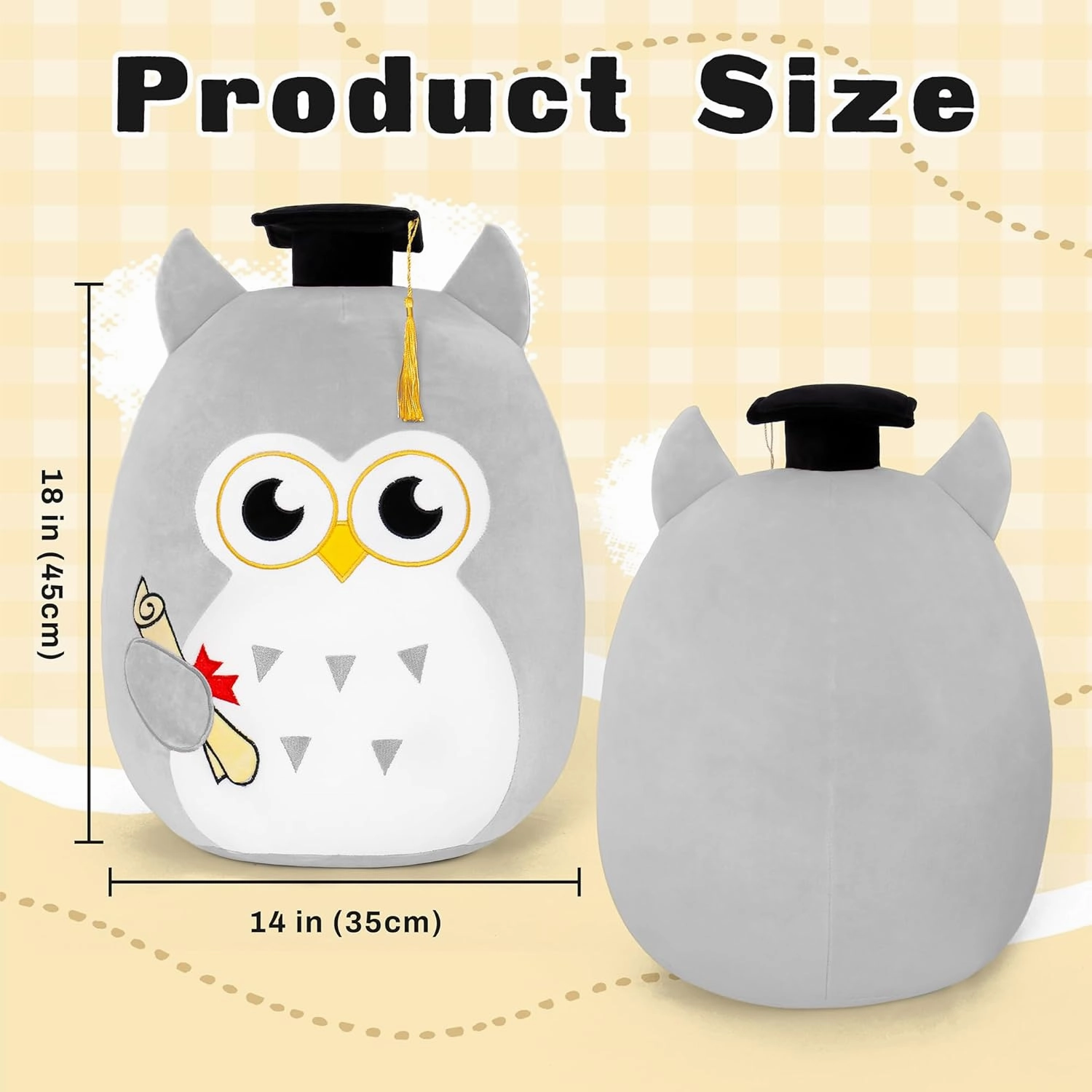 Graduation Plush, Soft Owl Stuffed Animals with Pink Body and Ears, Black Graduation Cap, Fringe and Diploma, Cute Pillow Toys Graduation Gifts for Her Girlfriend Lover Kids (Gray), Qwlgray