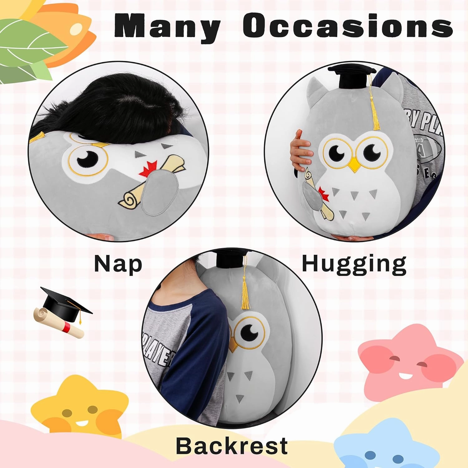 Graduation Plush, Soft Owl Stuffed Animals with Pink Body and Ears, Black Graduation Cap, Fringe and Diploma, Cute Pillow Toys Graduation Gifts for Her Girlfriend Lover Kids (Gray), Qwlgray