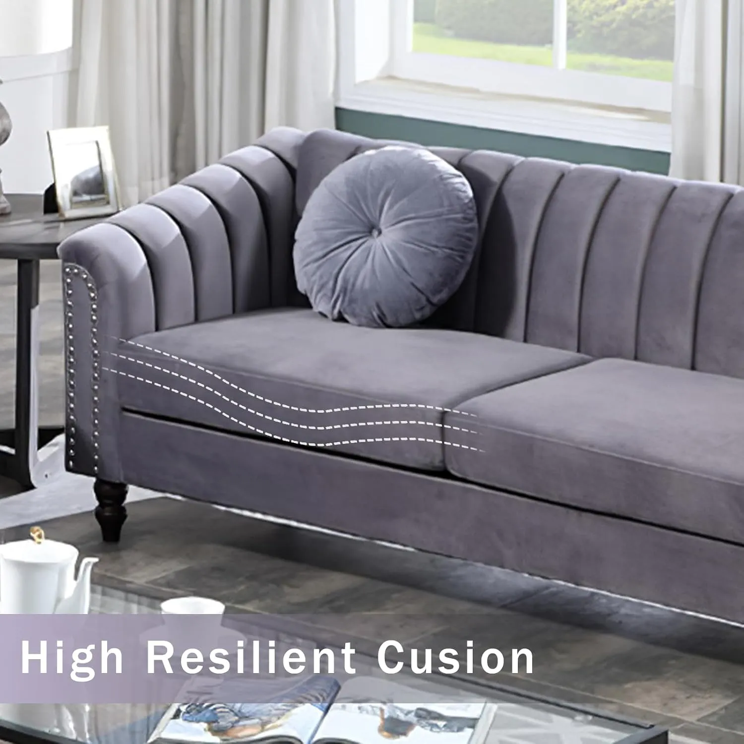 Grey Chesterfield Velvet Sofa Couch Set (Chair/Loveseat/Sofa) - for Living Room Furniture Sets、Offices、Apartments