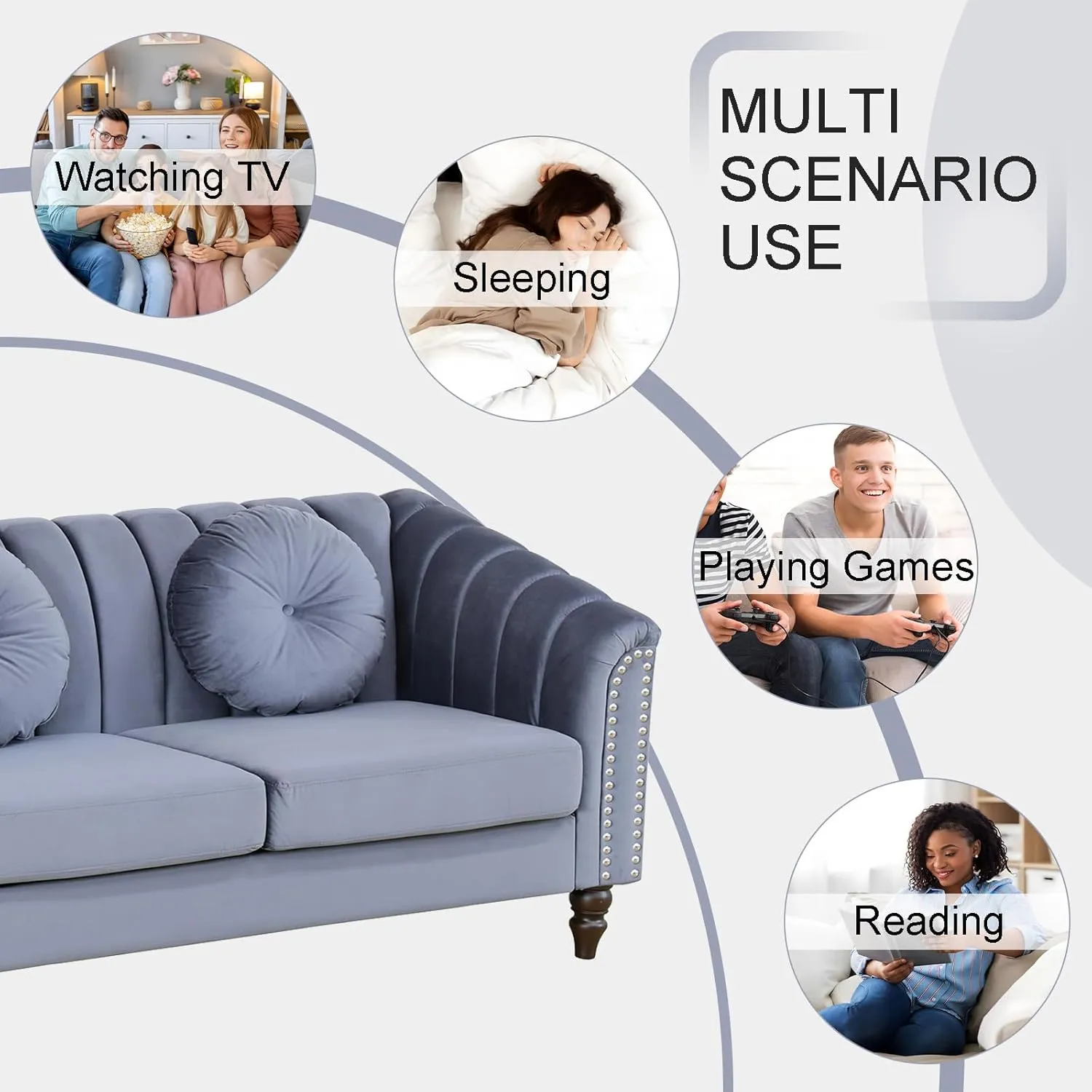 Grey Chesterfield Velvet Sofa Couch Set (Chair/Loveseat/Sofa) - for Living Room Furniture Sets、Offices、Apartments