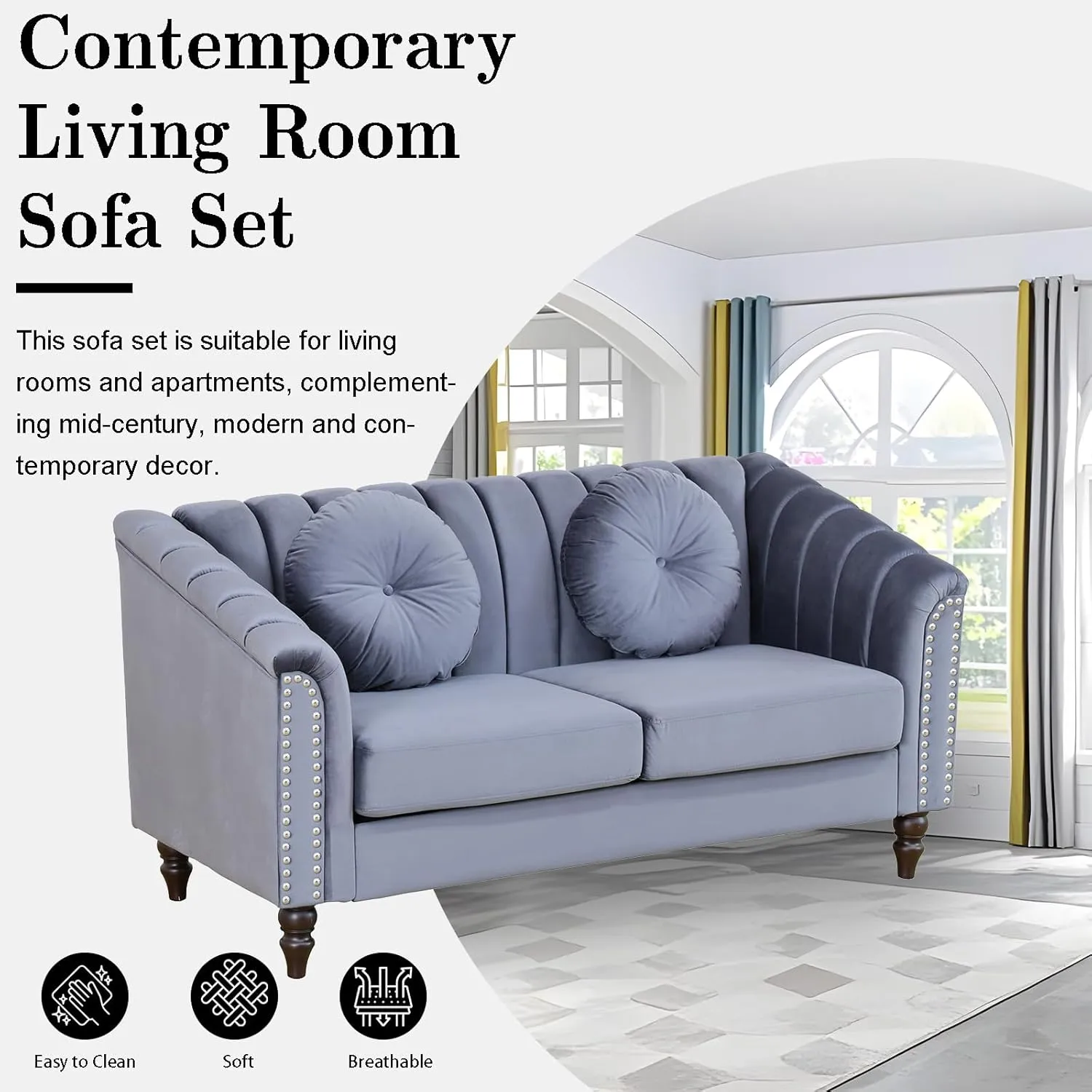 Grey Chesterfield Velvet Sofa Couch Set (Chair/Loveseat/Sofa) - for Living Room Furniture Sets、Offices、Apartments
