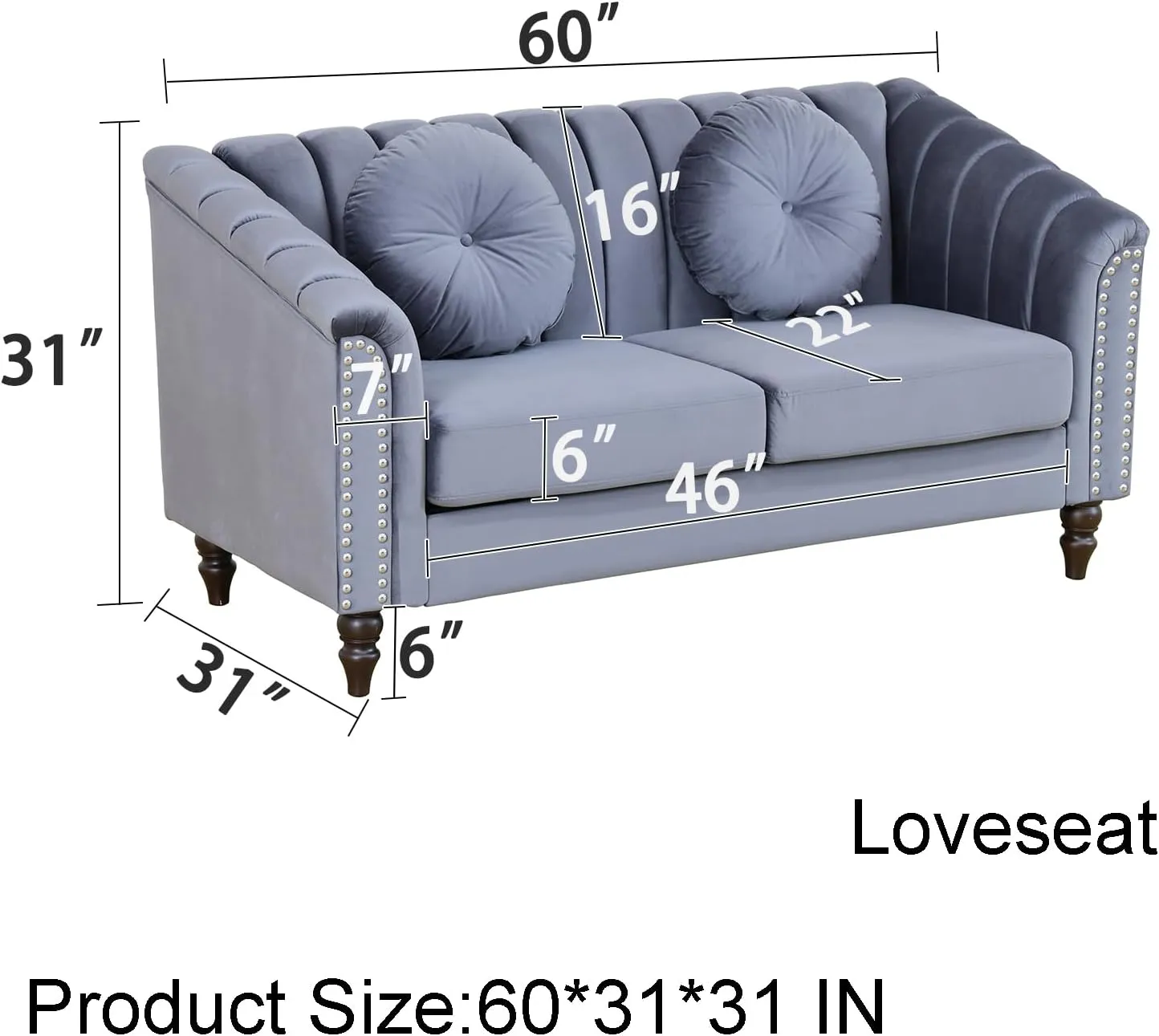 Grey Chesterfield Velvet Sofa Couch Set (Chair/Loveseat/Sofa) - for Living Room Furniture Sets、Offices、Apartments