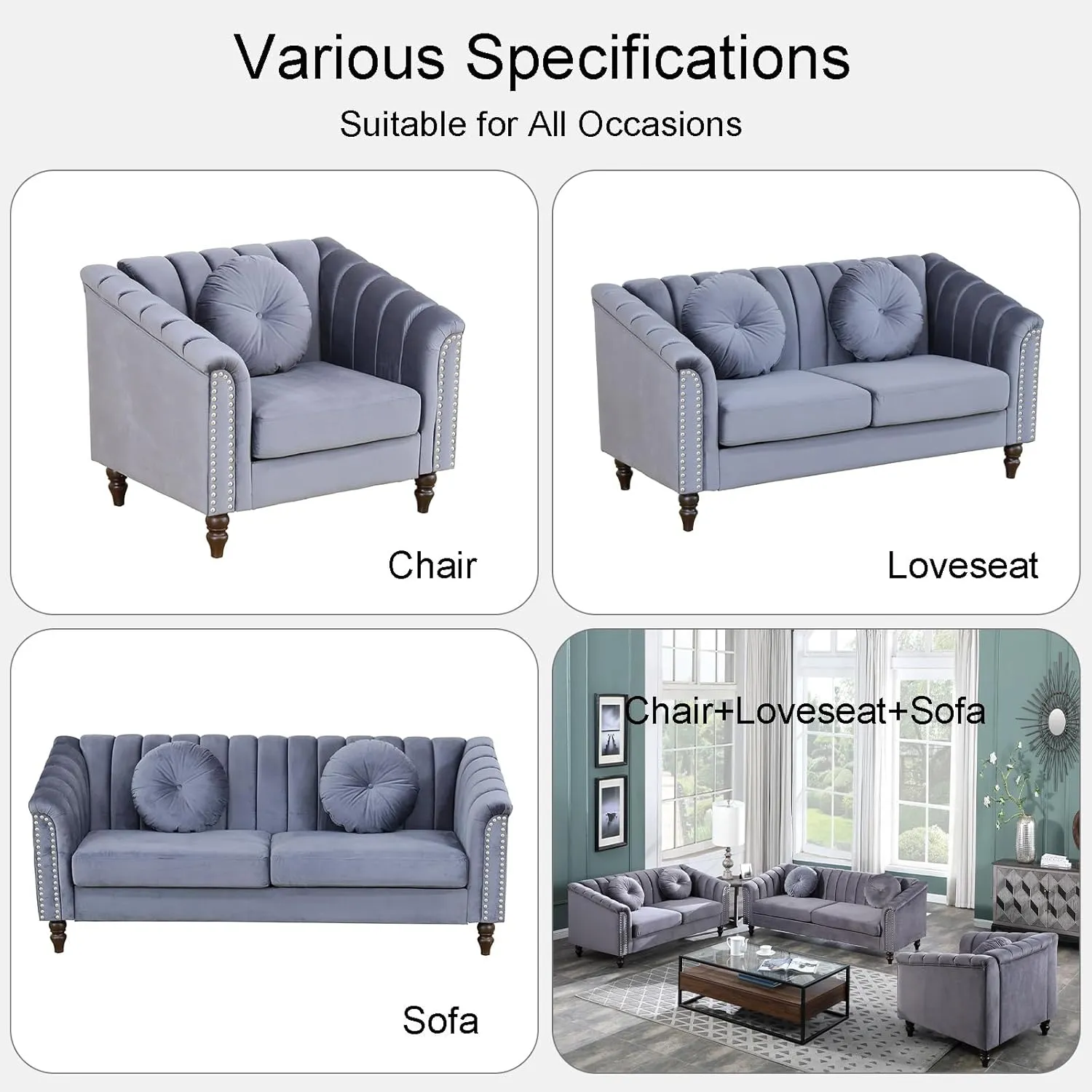 Grey Chesterfield Velvet Sofa Couch Set (Chair/Loveseat/Sofa) - for Living Room Furniture Sets、Offices、Apartments