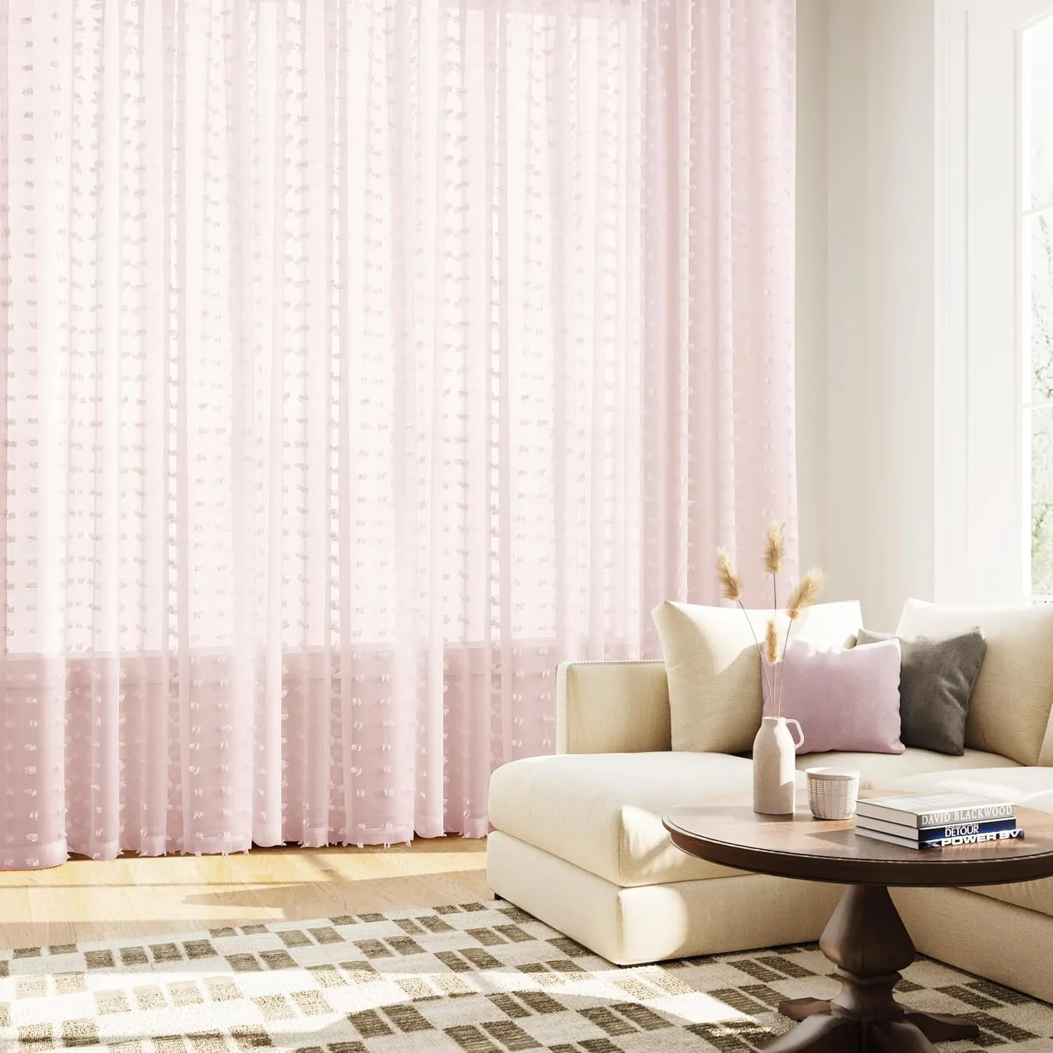Guken Sheer Curtains 84 Inch Length 2 Panels Sets for Living Room Bedroom 38 Inch Width Farmhouse Boho Drapes Light Filtering Pom Pom Curtains Tufted Semi Sheer Kids Rod Pocket,Pink,W38xL84