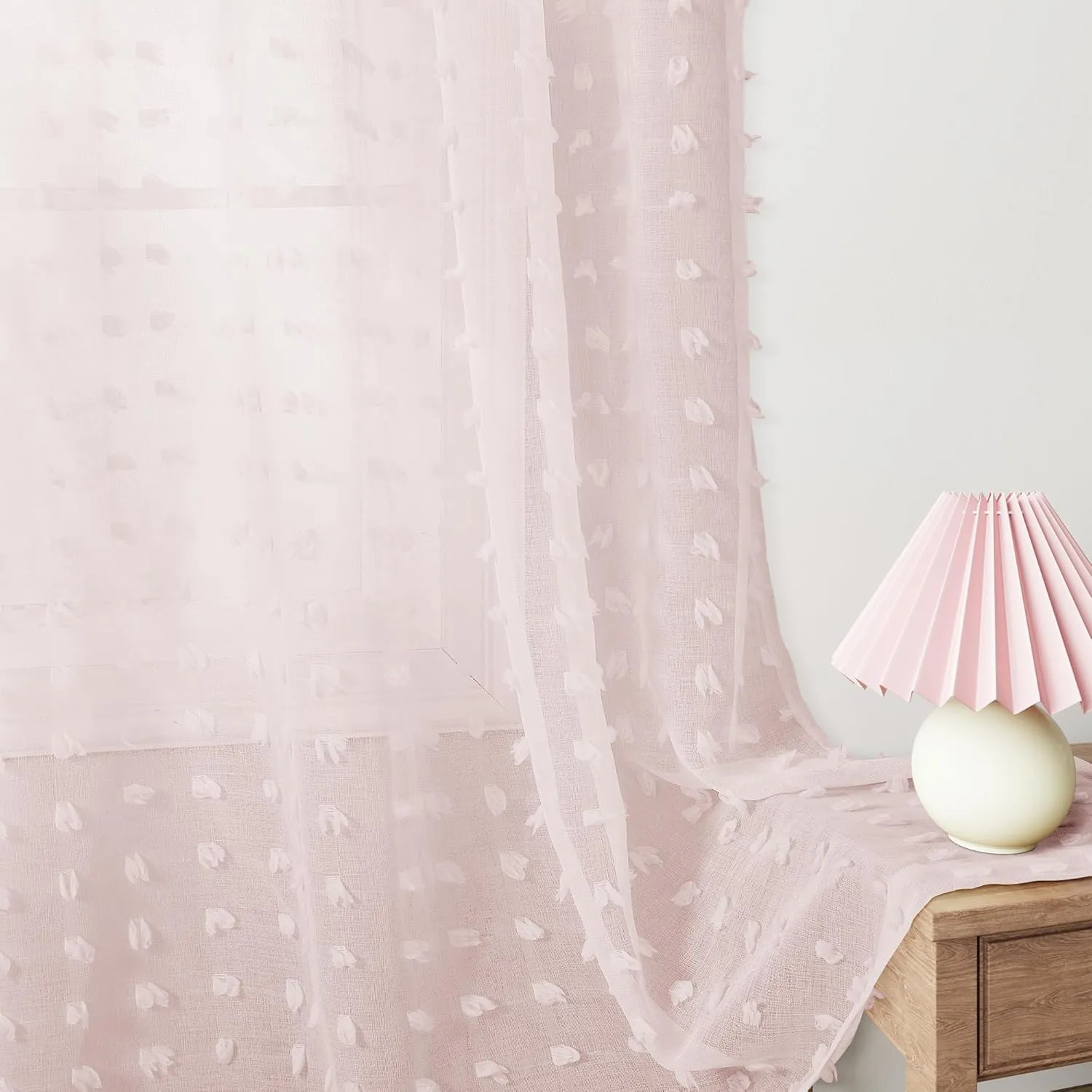 Guken Sheer Curtains 84 Inch Length 2 Panels Sets for Living Room Bedroom 38 Inch Width Farmhouse Boho Drapes Light Filtering Pom Pom Curtains Tufted Semi Sheer Kids Rod Pocket,Pink,W38xL84