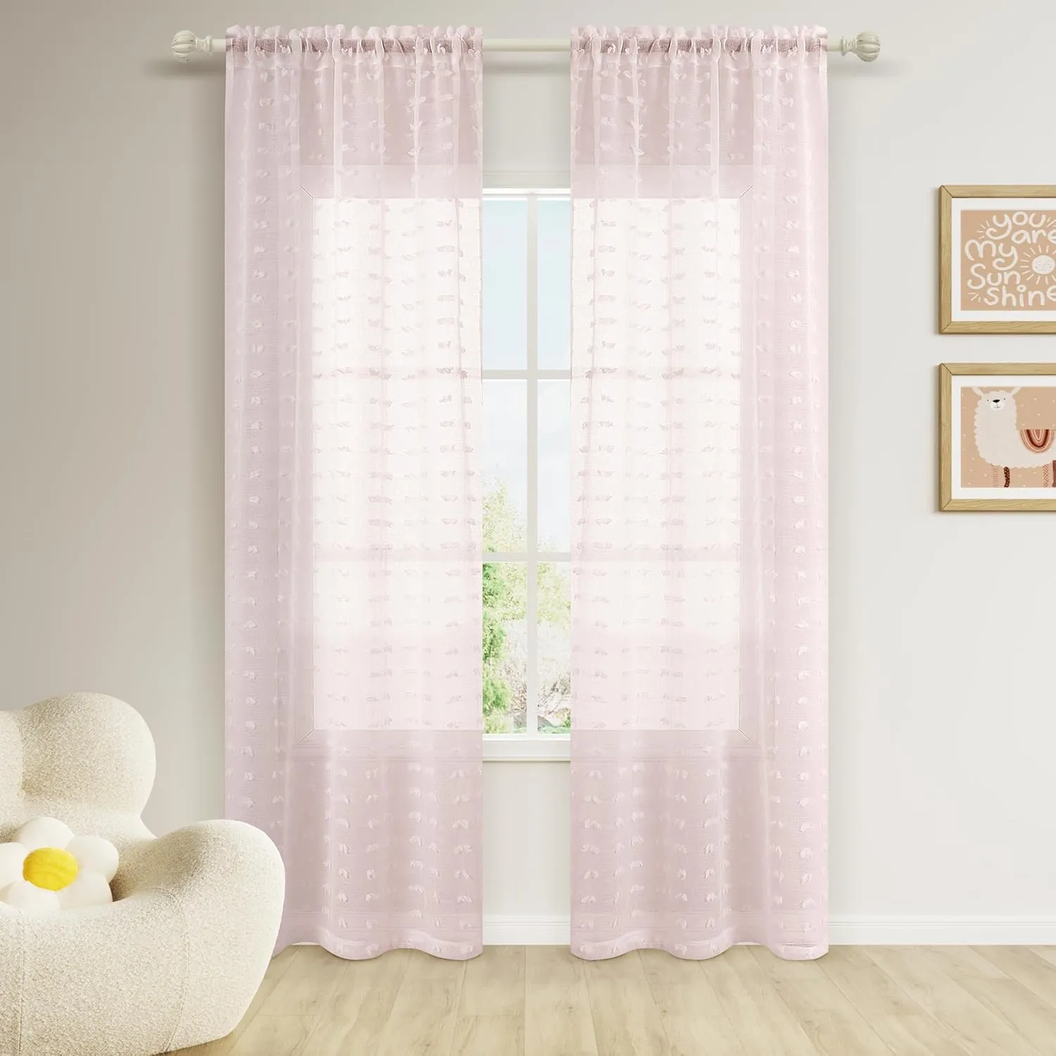 Guken Sheer Curtains 84 Inch Length 2 Panels Sets for Living Room Bedroom 38 Inch Width Farmhouse Boho Drapes Light Filtering Pom Pom Curtains Tufted Semi Sheer Kids Rod Pocket,Pink,W38xL84