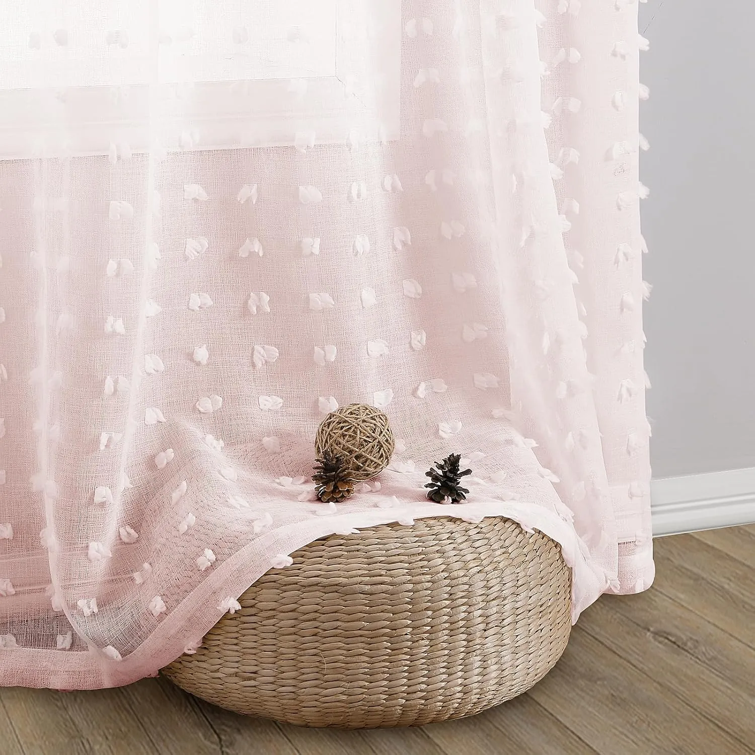 Guken Sheer Curtains 84 Inch Length 2 Panels Sets for Living Room Bedroom 38 Inch Width Farmhouse Boho Drapes Light Filtering Pom Pom Curtains Tufted Semi Sheer Kids Rod Pocket,Pink,W38xL84