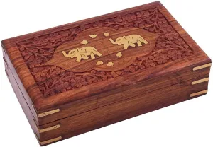 GURU JEE™ Indian Jewelry Holder Elephant Carving Wooden Jewellery Box With Brass Inlay Wooden Trinket Box Wood Jewelry Organizer Keepsake Box Treasure Chest Trinket Holder Watch Box Storage Box