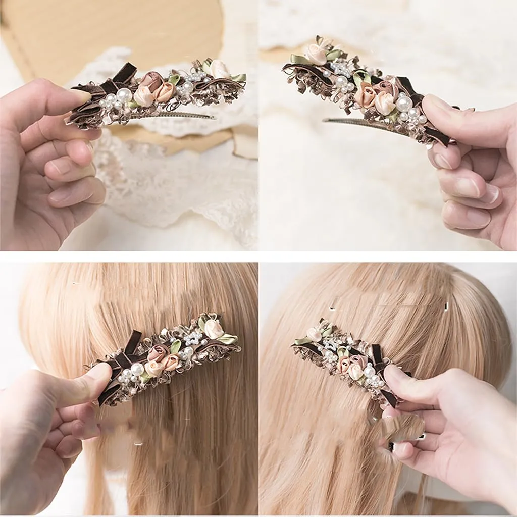 Handmade Lolita Rococo Bowknot Retro Velvet Side Hair Clip Headwear Accessory 1 Pair for Women (Dark Pink)