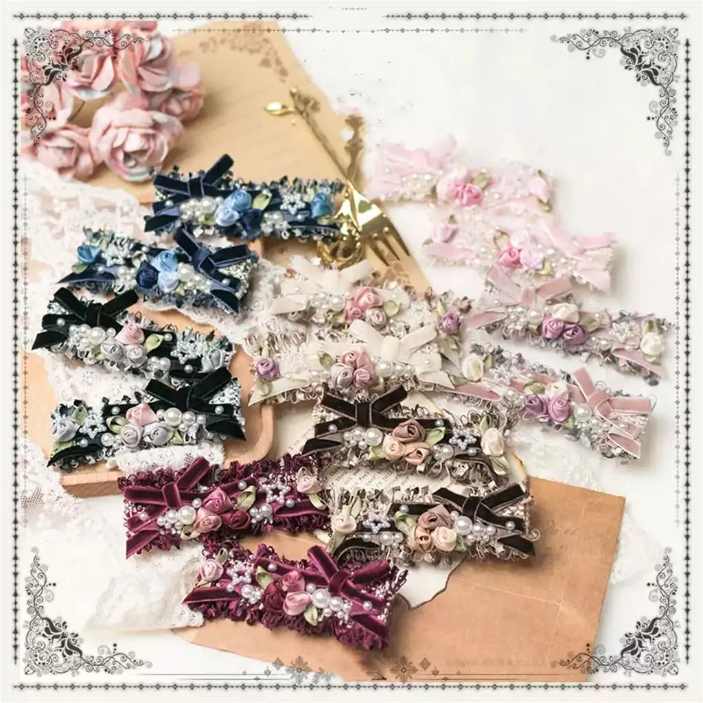 Handmade Lolita Rococo Bowknot Retro Velvet Side Hair Clip Headwear Accessory 1 Pair for Women (Dark Pink)