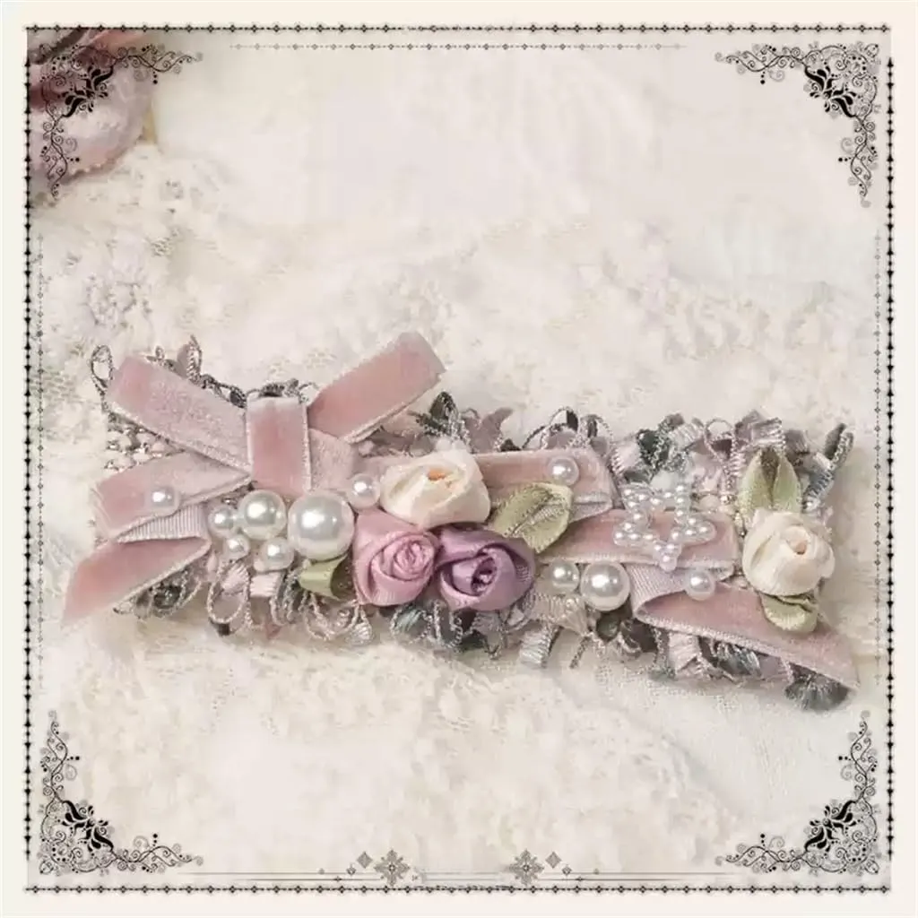 Handmade Lolita Rococo Bowknot Retro Velvet Side Hair Clip Headwear Accessory 1 Pair for Women (Dark Pink)
