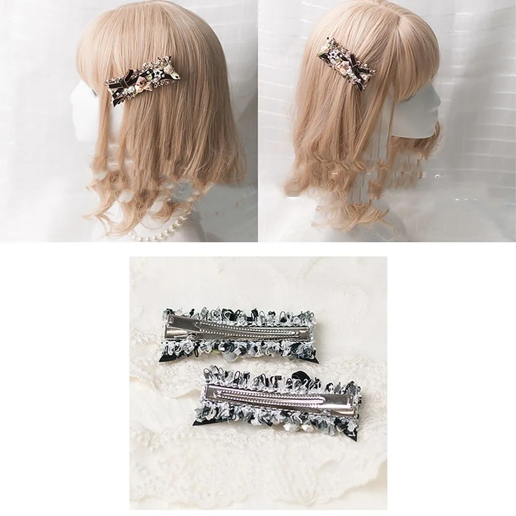 Handmade Lolita Rococo Bowknot Retro Velvet Side Hair Clip Headwear Accessory 1 Pair for Women (Dark Pink)
