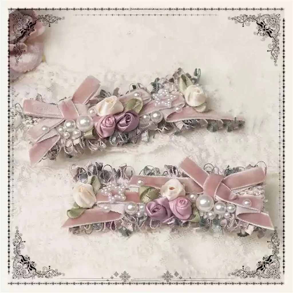 Handmade Lolita Rococo Bowknot Retro Velvet Side Hair Clip Headwear Accessory 1 Pair for Women (Dark Pink)