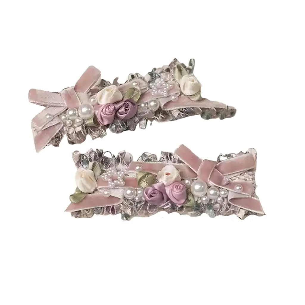 Handmade Lolita Rococo Bowknot Retro Velvet Side Hair Clip Headwear Accessory 1 Pair for Women (Dark Pink)