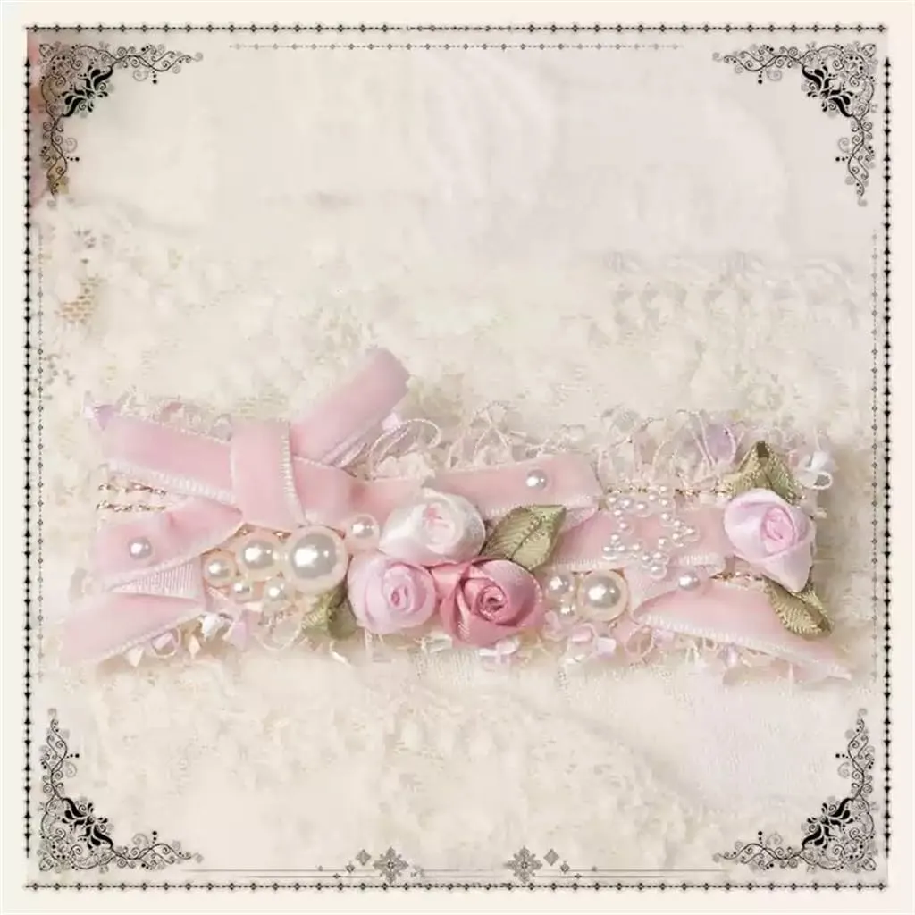 Handmade Lolita Rococo Bowknot Retro Velvet Side Hair Clip Headwear Accessory 1 Pair for Women (Pink)