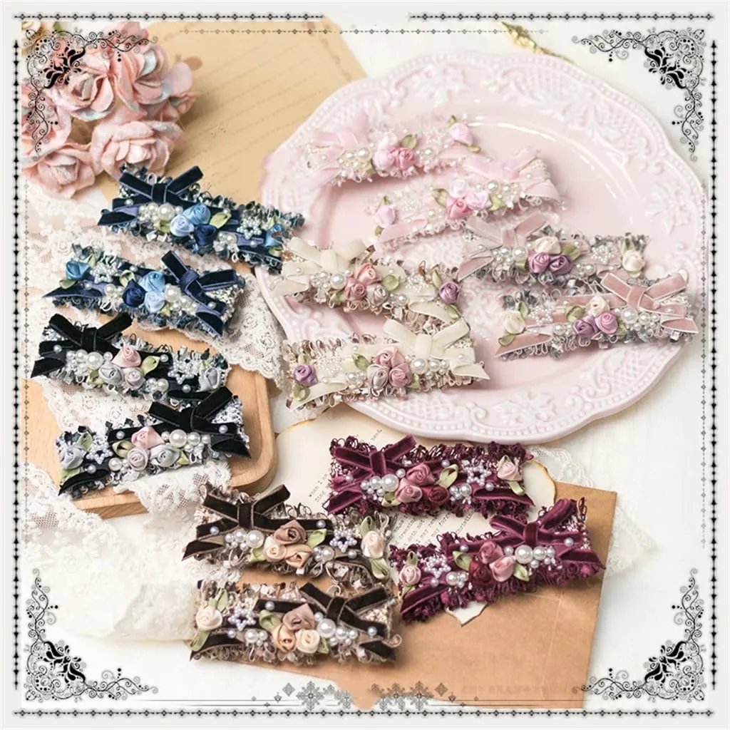 Handmade Lolita Rococo Bowknot Retro Velvet Side Hair Clip Headwear Accessory 1 Pair for Women (Pink)